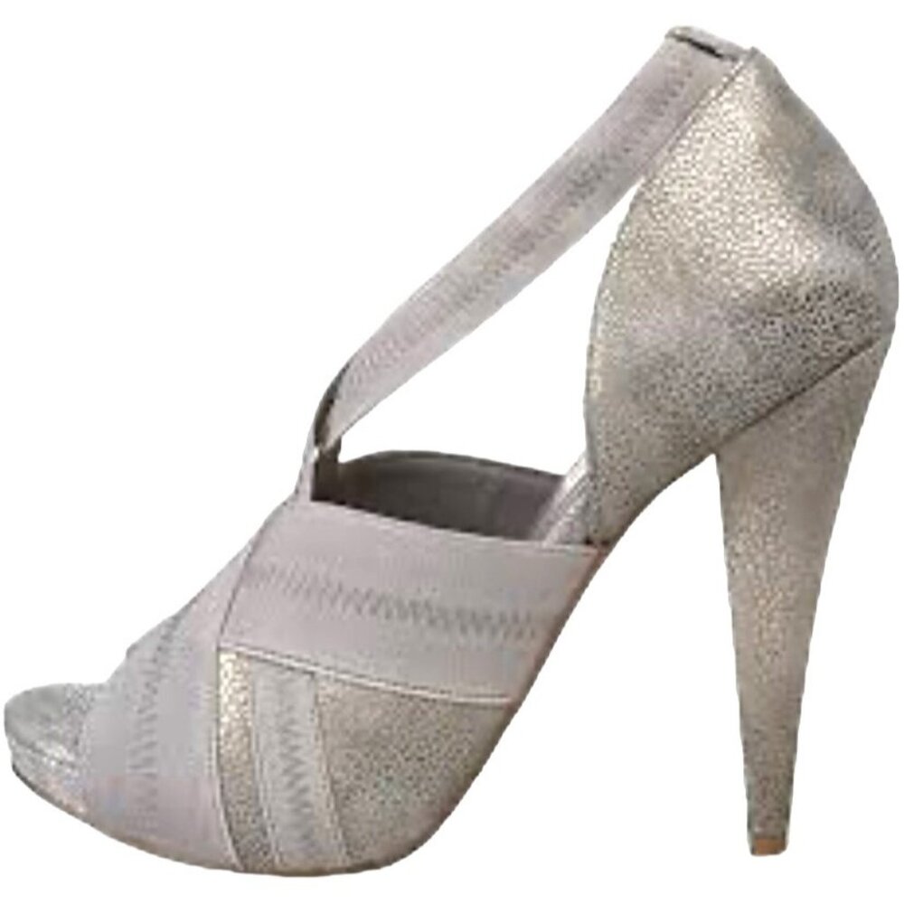 VTG Mob Wife Strappy Peep Toe Shiny 5" Heels Size 7 Gray Stretchy Pin Up Boudoir